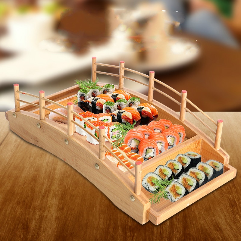 Pont en arc de bambou pour sushi japonais, bateau en bois, vaisselle, plateau sashimi, cuisine, glace sèche, dragon LB62020