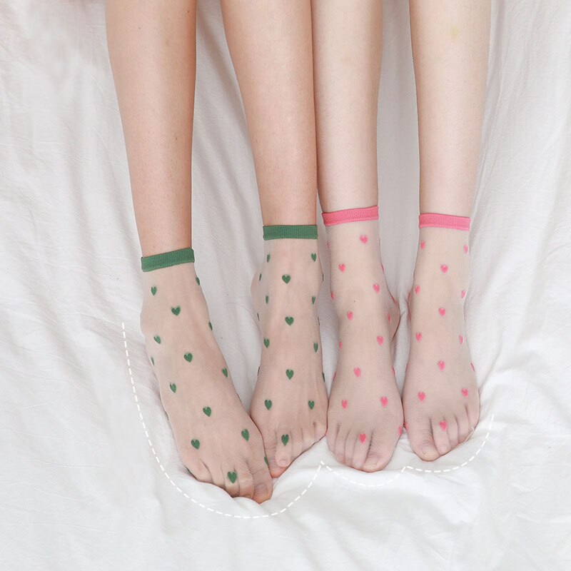 Fishnet Lace Transparent Women Socks Ultrathin Colorful Sweet Heart Love Mesh Female Sexy Silk Glass Nylon Sheer Ankle Socks