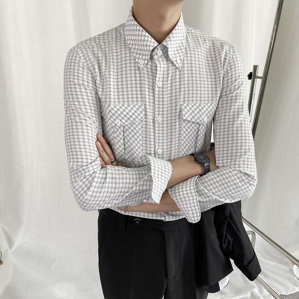 Orange plaid skjorter herre retro slim fit langærmet skjorte mand engelsk stilfuld ternet sommer herre tøj korea tøj