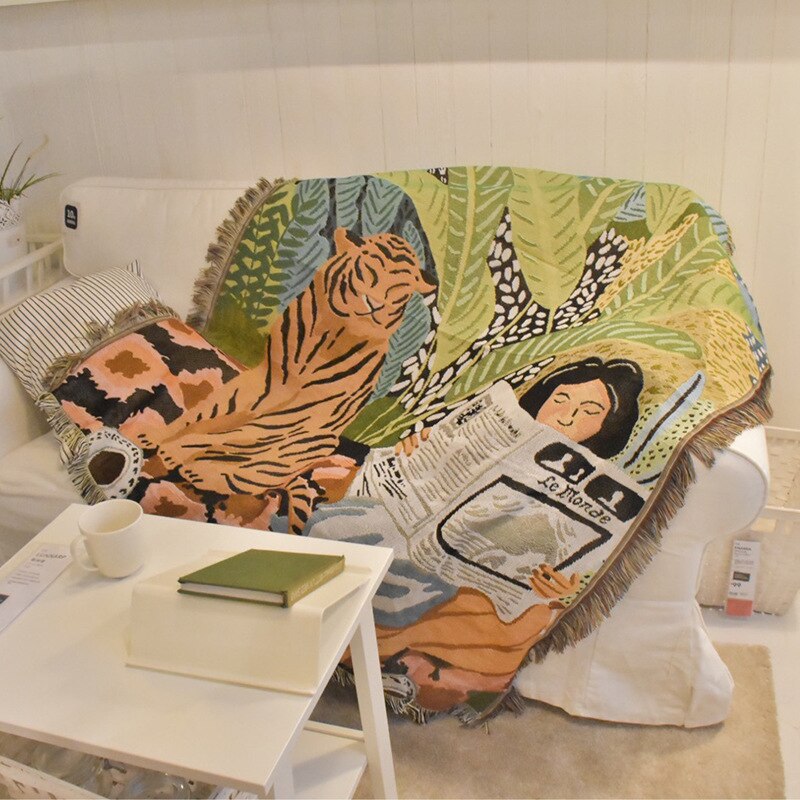 Couverture de canapé à motif de tigre pour fille, style bohémien, couverture anti-poussière avec pompon, couverture de climatisation pour lit et chambre à coucher, décor