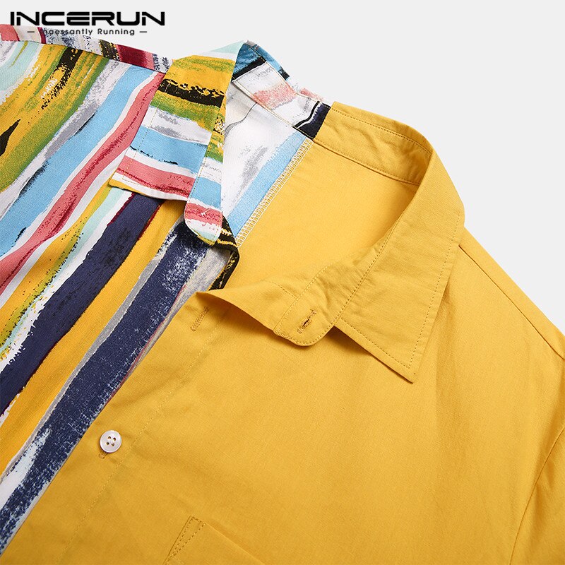 Incerun herre stribede patchwork skjorter afslappet kortærmet skjorte med reverstryk sommer løs hawaiiansk camisa s -3 xl 7