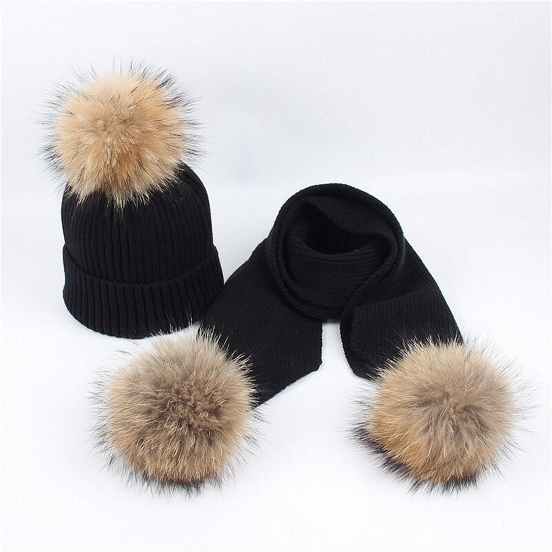 Luxe Vrouwen Hoeden En Sjaals Kinderen Sneeuw Dragen Hoeden Winter Gebreide Skullies 2Pcs Unisex Effen Kleur: Black / kids