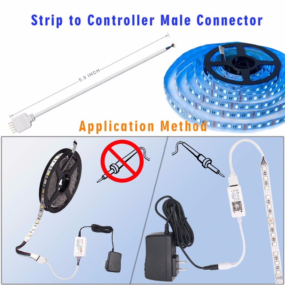 12MM 5PIN LED Strip Connector Kit with 16.4FT Extension Cable,4PCS Gapness Connectors,5 pin Male Connector Wire Cable,L ST292