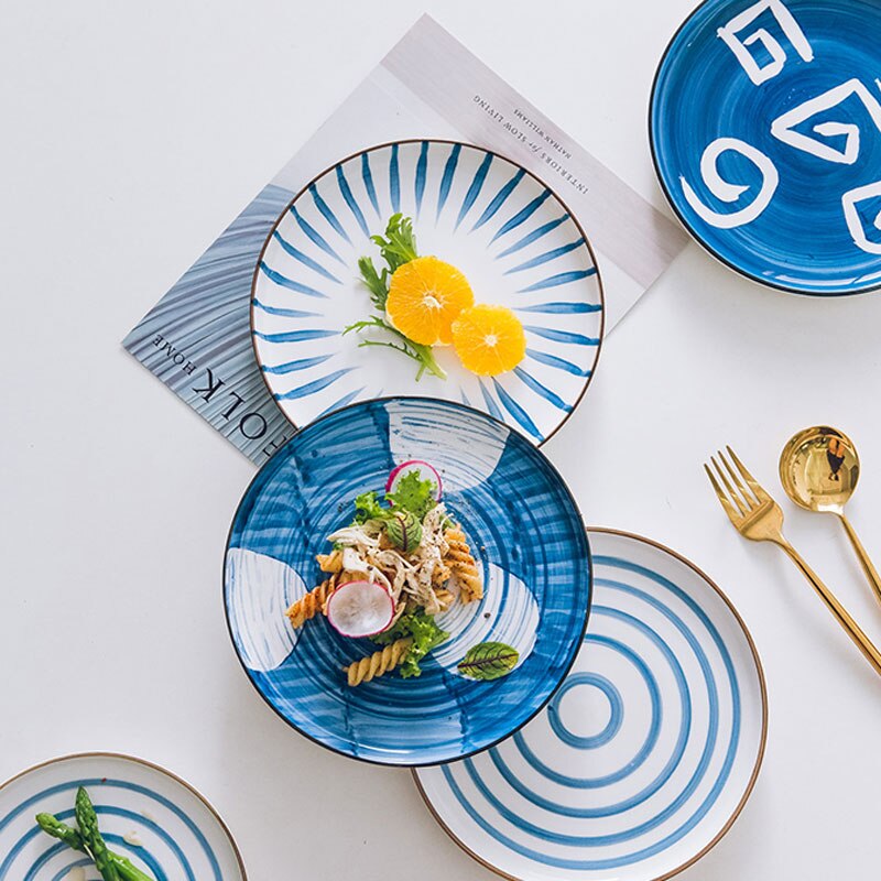 RHE-platos de dibujo a mano de estilo japonés, juego de cerámica, plato redondo para carne, Pizza, utensilios de cocina, vajilla de porcelana para Sushi,