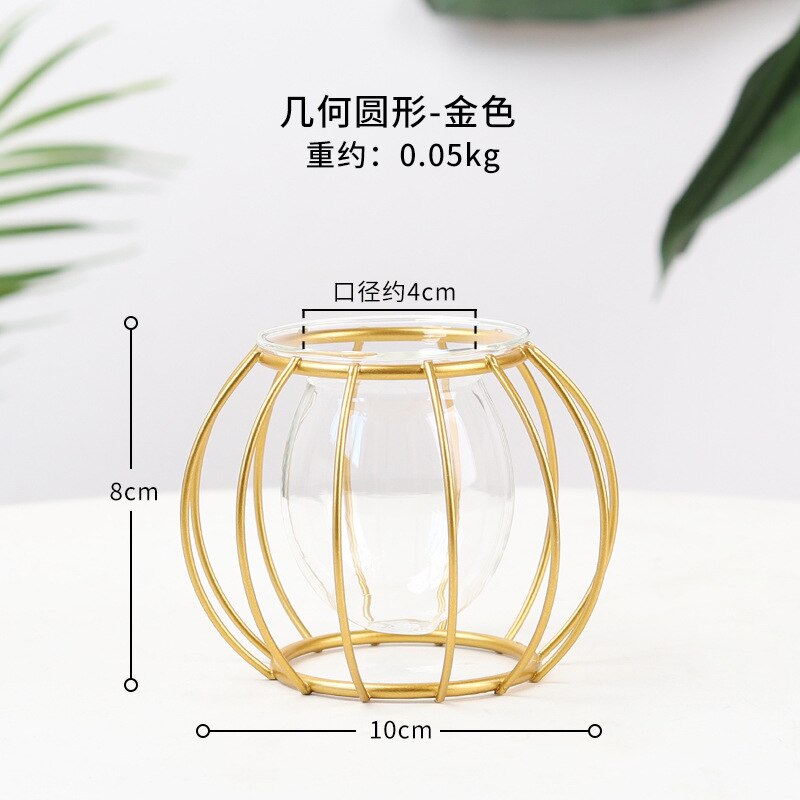 Terrario florero de vidrio dorado nórdico, florero de línea de hierro geométrico hidropónico para plantas, soporte de Metal para plantas, decoración moderna para el hogar: style-4 Gold