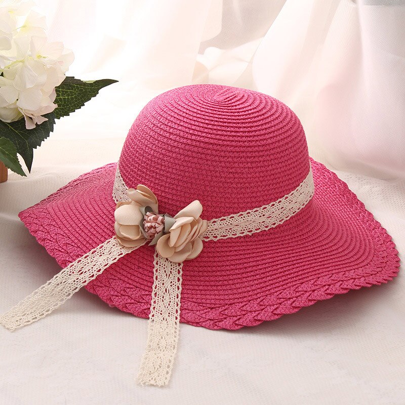 4-8 jaar Mode Meisjes Jongens Stro Hoeden Zomer Kindje Zonnehoed Effen Kleur Bloemen Decor Cap Voor Jongen meisje Mooie Kinderen Caps: rose red