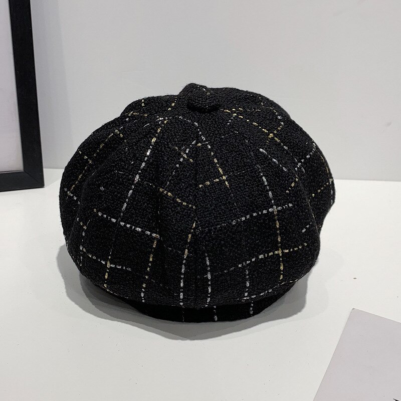Boina negra para mujer, sombrero octogonal de otoño e invierno, gorra Retro de Pintor británico para mujer, gorra con patrón a cuadros para mujer, gorras, capó Vintage