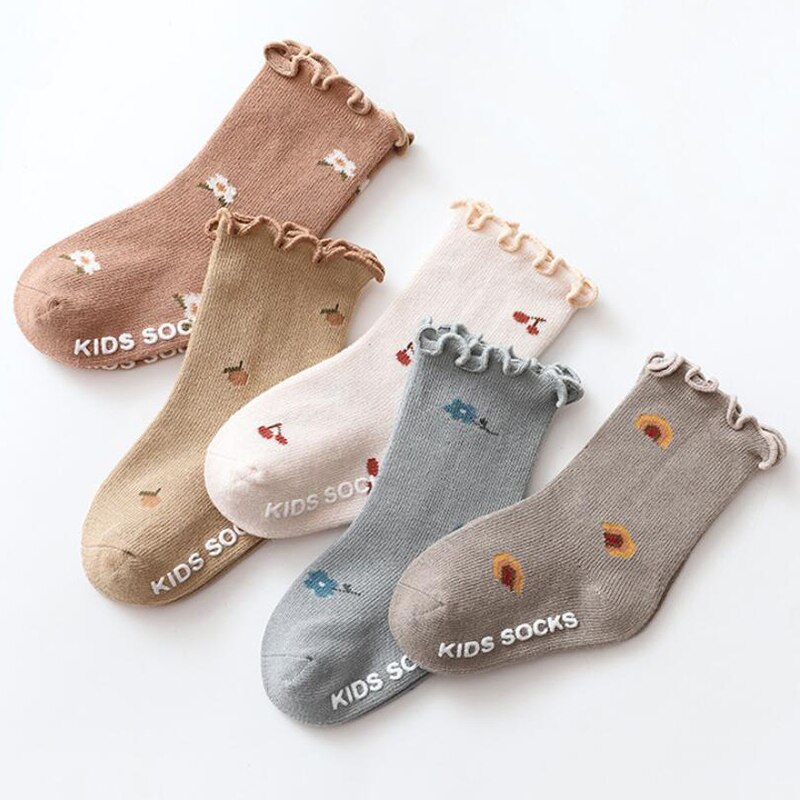 0-5Years Toddlers Girls Frilly Socks Cotton Newborn Baby Ankle Socks Anti-Slip Flower Pattern Infant Baby Floor Sock Accessories