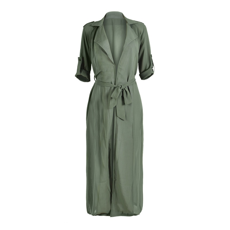 Sommar chiffong trench kofta lång trenchcoat dam vårkappa kvinnlig skårad hals kappa dammrock  d402