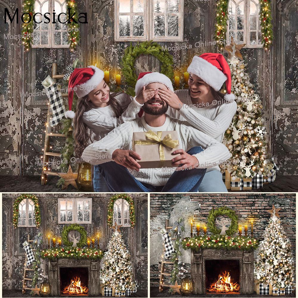 Lareira de madeira inverno foto fundo para retrato árvore de natal retro festa de inverno pano de fundo decoração janela grinalda santa presente sessão