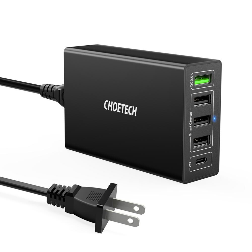 CHOETECH, Cargador USB de 5 puertos, 60W PD, multiestación de carga USB con acoplamiento Universal para teléfono móvil, pared de escritorio, enchufe para UE y Reino Unido: US Plug