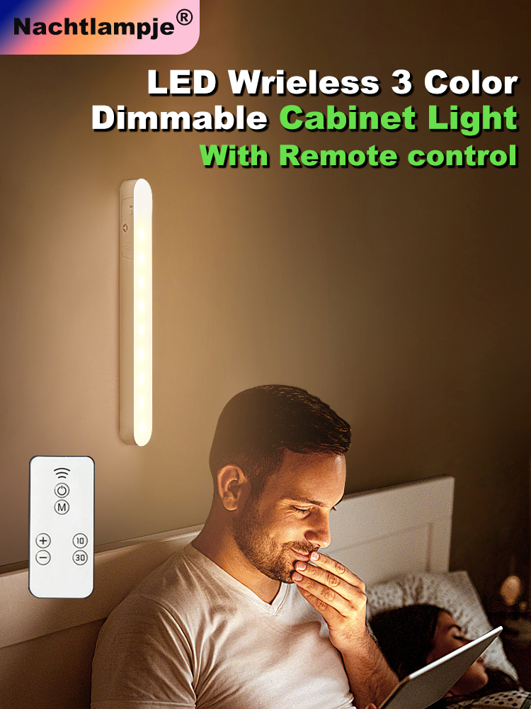 Nachtlampje LED kastlamp met afstandsbediening, 3 kleuren van helderheidsregeling, nachtlamp met USB oplaadapparaat, magneetkastlamp voor naast het bed, de kast