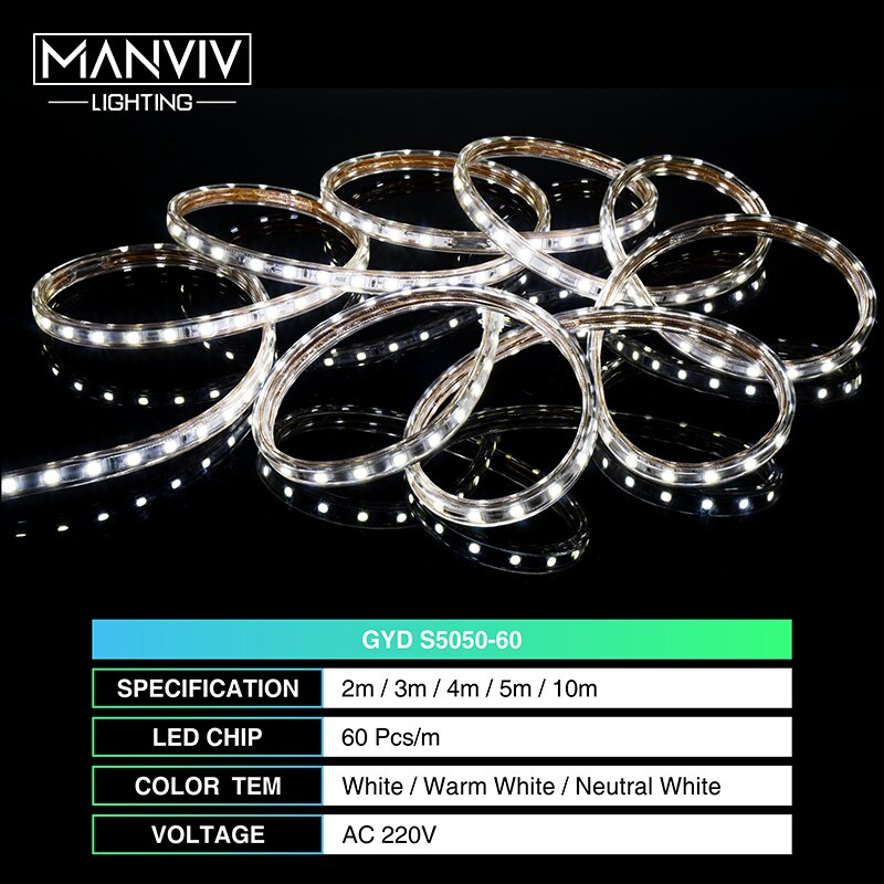 LED Strip 2M 3M 4M 5M 10M 220V SMD5050 60 LEDs/m Hoge helderheid Outdoor Verlichting Voor Kerst Flexibele Light Ship uit ES RU CN