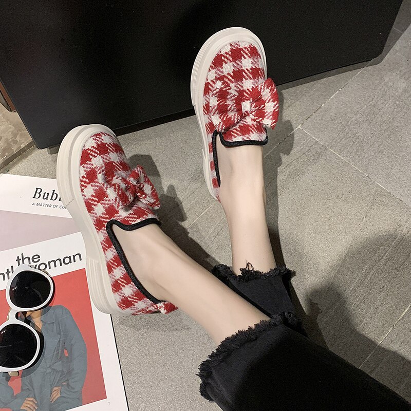 Bow-knot gingham slip on moccasins round toe creepers women shoes casual comfy brief cute loafers all match flats female