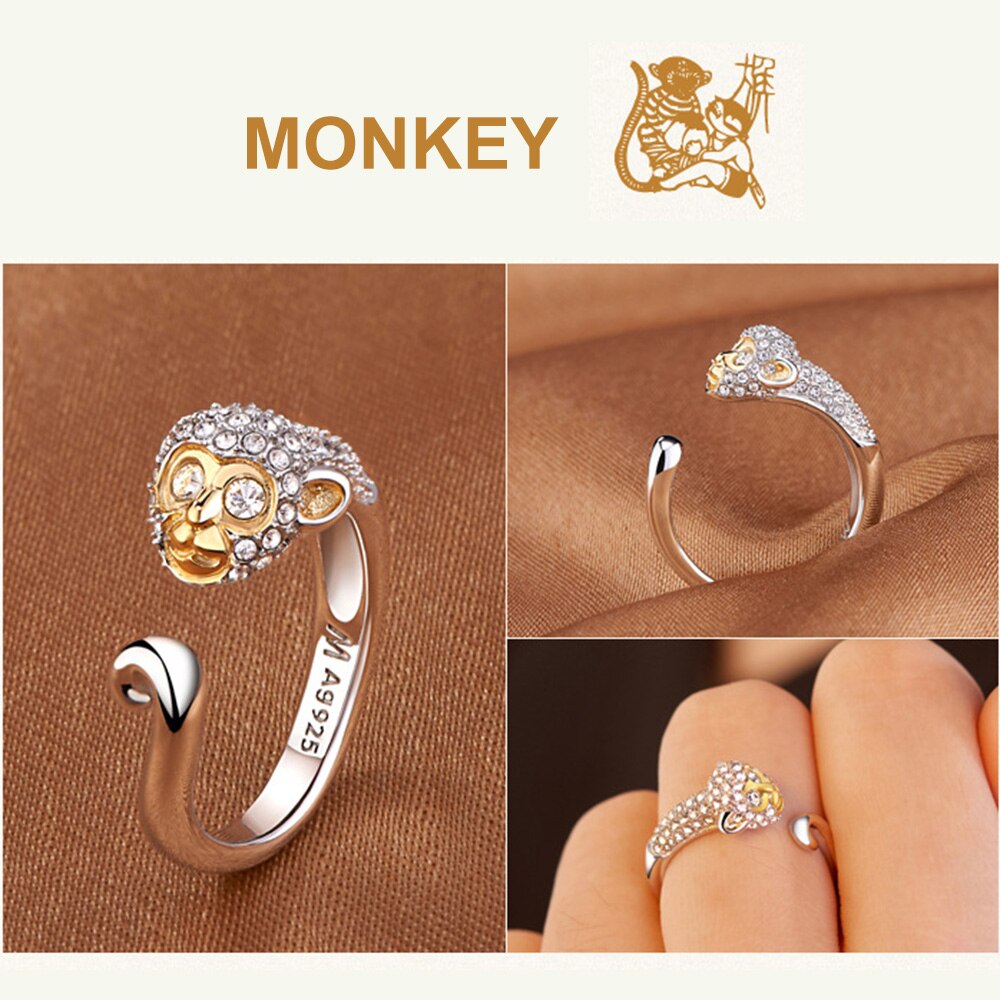 Koper Plated Crystal Mooie Hond Varken Konijn Aap Ingelegd Dier Ringen Vrouwen Meisje Opening Ring Wedding Party Sieraden: 9