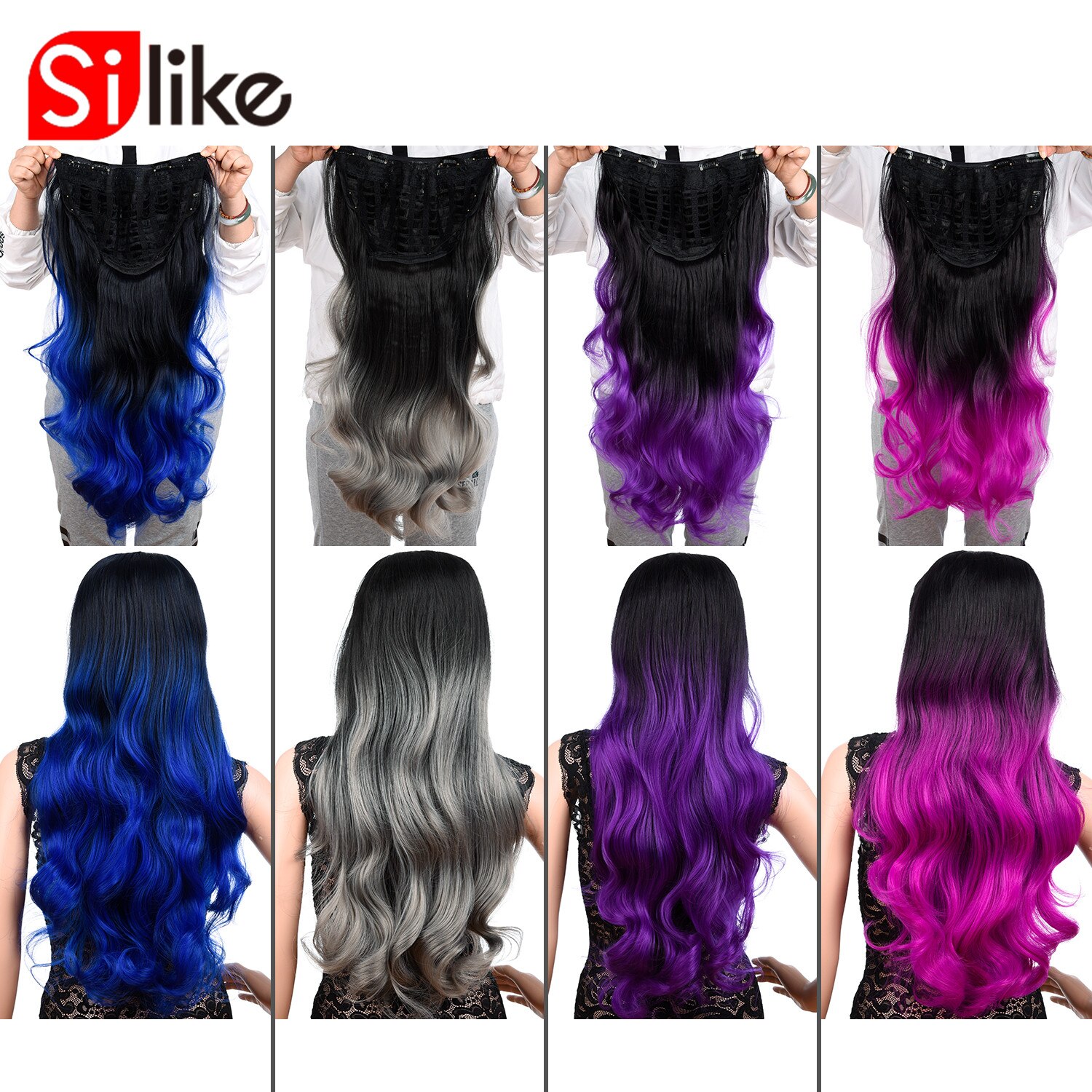 220g U Part Clips In Hair Upgrade Clip Hair Extension Synthetic Natural Wavy Hair Half Wig Blue Pink Grey