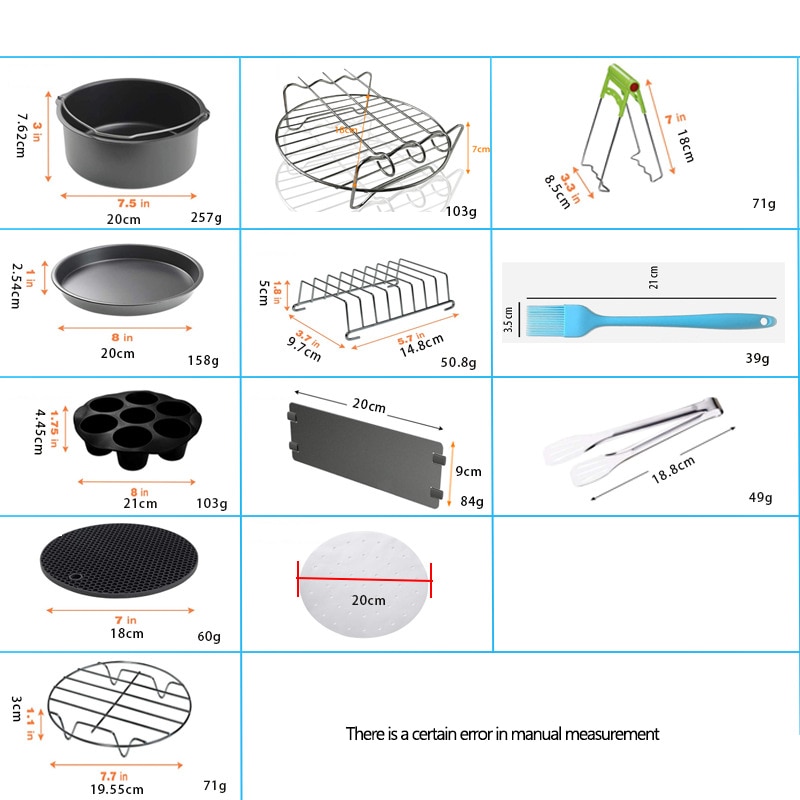 Air Fryer Accessories 8 inch 12pc/set Deep Fryer Baking Basket Pizza Plate Grill Pot Kitchen Tool Fit for Airfryer 4.8QT-7.2QT