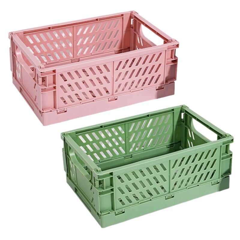 2 Pcs Collapsible Crate Plastic Folding Storage Box Basket Utility Cosmetic Container, Pink & Green: Default Title