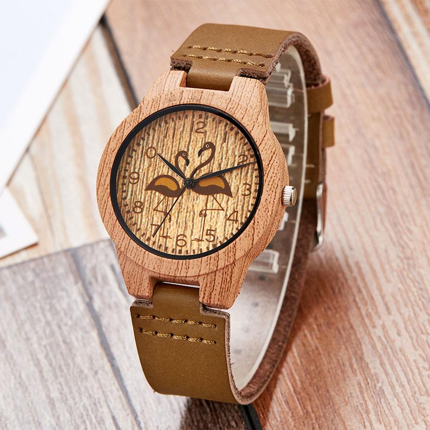 Træ ure kvinder mænd kvarts armbåndsure afslappet træfarvet læderrem ur reloj mujer kvinders ur montre homme: Flamingo ur