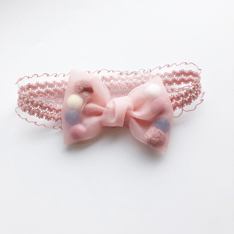 Baby Girls Bowknot Crown Headband Kids Lace Elastic Princess Hair Band Colorful Pompom Baby Hair Accessories