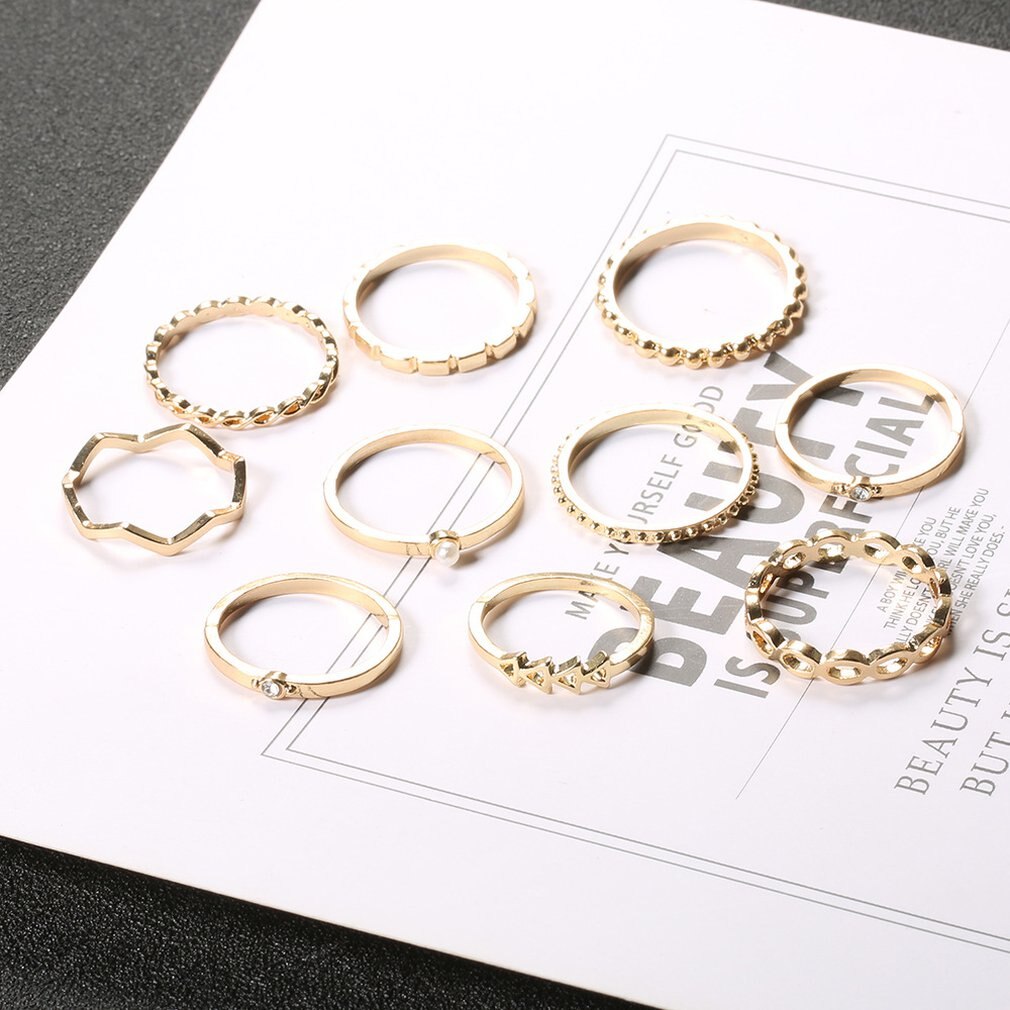 10 Piece/Set Wave Hollow Ring Arrow Gear Pearl Ring Suit Romantic Small Fresh Long-Lasting Use Durable