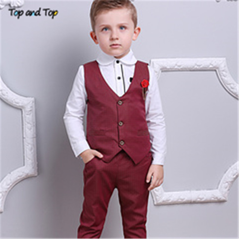 Top and Top Boy Clothes Set Boys Formal Suits Cotton Bow Tie Long Sleeve Shirt+Vest+Trousers 3Pcs Kids Gentleman Outfit