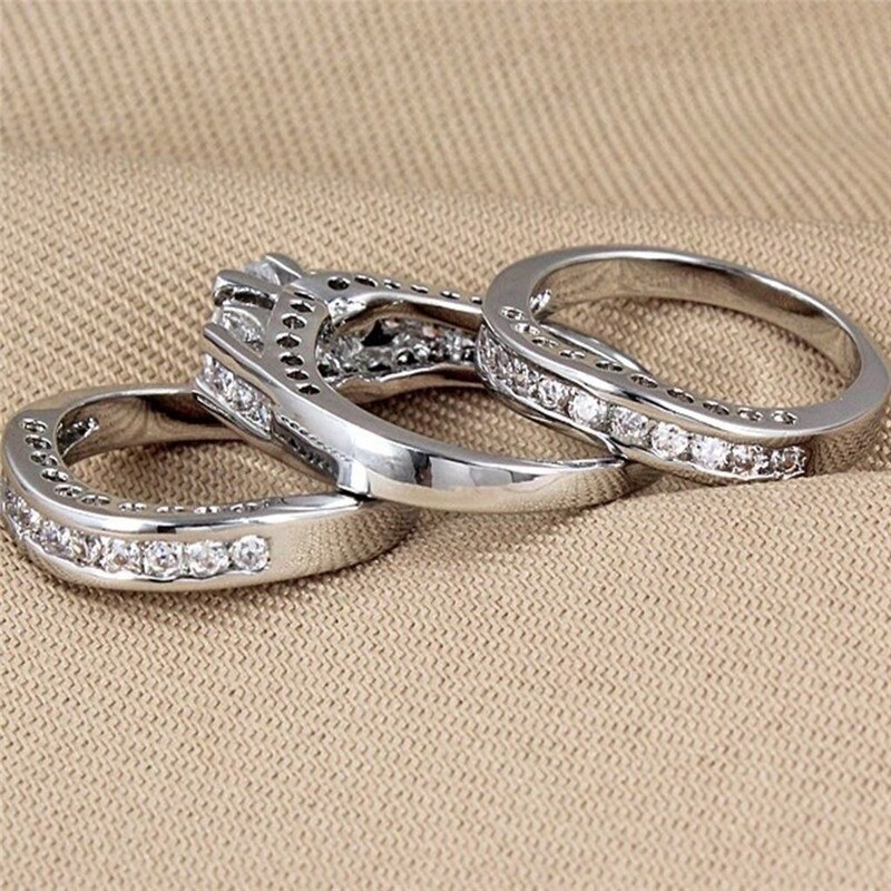 Pretty 3pcs/set Women White Rhinestones Bride Wedding Engagement Band Rings Size 6-12