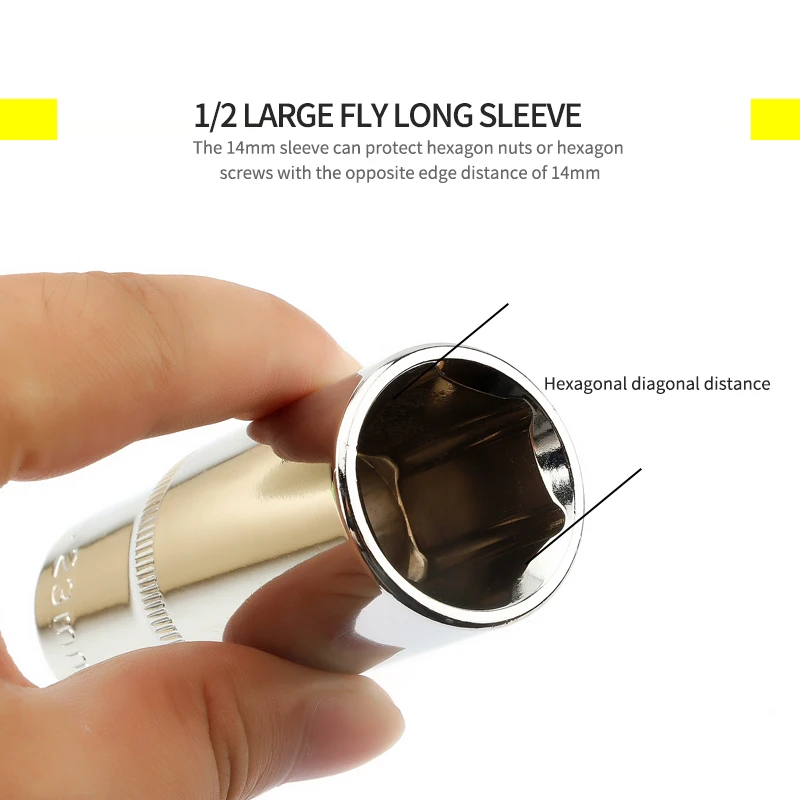 1Pcs 1/2" Inch Drive Long Hex Socket Head Deep Sockets 12.5mm Square Hole Machine Auto Repair Ratchet Wrench Tool 78mm Length