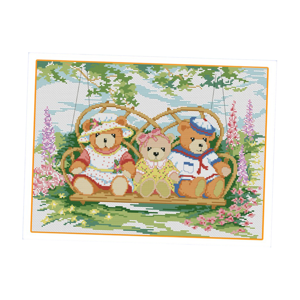 Dimensions Cross Stitch Kits Patterns Embroidery Kit - Cartoon Bears on Swing (STAMPED)
