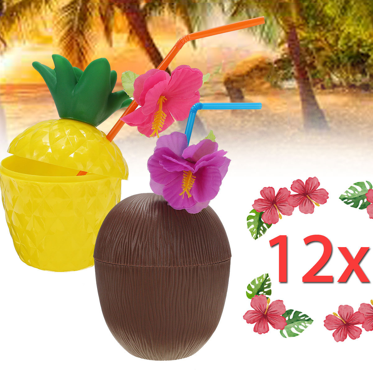 Hawaiian Beach Drink Cup met Stro Decoratie Rietje Plastic Kokosnoot Ananas voor Party Verjaardag Decoraties