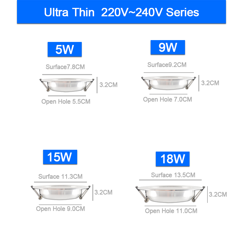 Spot lumineux circulaire encastrable Ultra fin, lumière blanche argentée, 5W 9W 15W 18W, AC 110V 220V, 12W