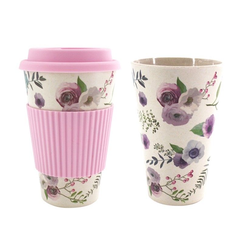Portable Practical 400ml Reusable Bamboo Fibre Coffee Cups Fashionable Eco Friendly Printing Travel Mugs Useful: Pink