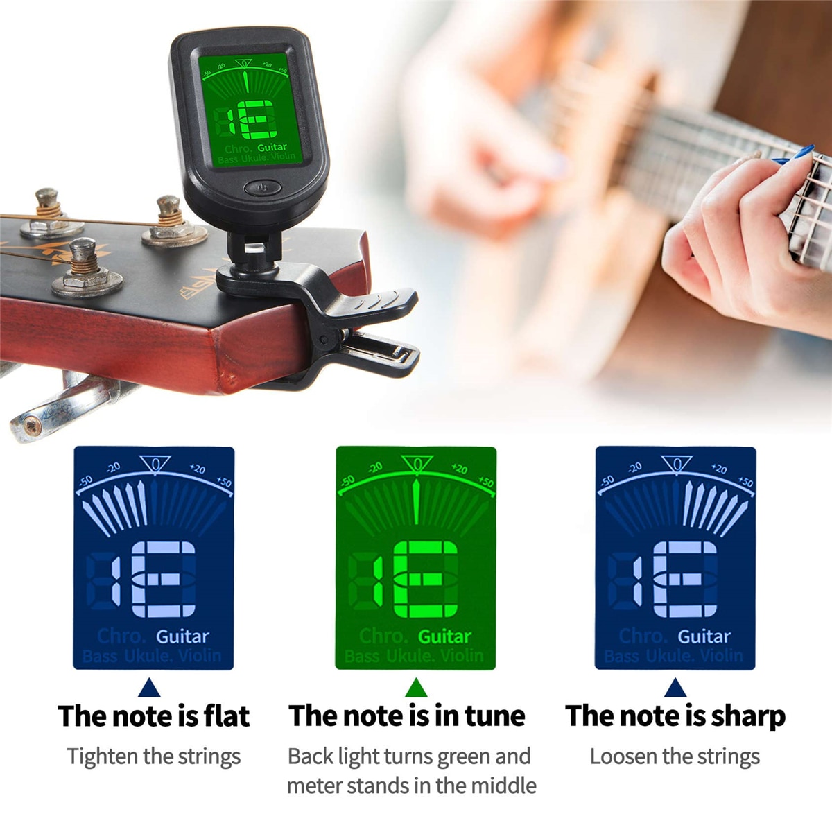 Guitarstemmer til alle instrumenter, elektronisk klips-på-stemmer til guitar, bas, ukulele, violin, mandolin, banjo