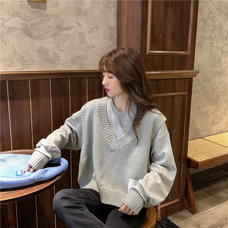 Suéter con cuello en V para mujer, Blanco Simple escolar que combina con todo, ropa de diario holgada Harajuku de estilo japonés para chicas