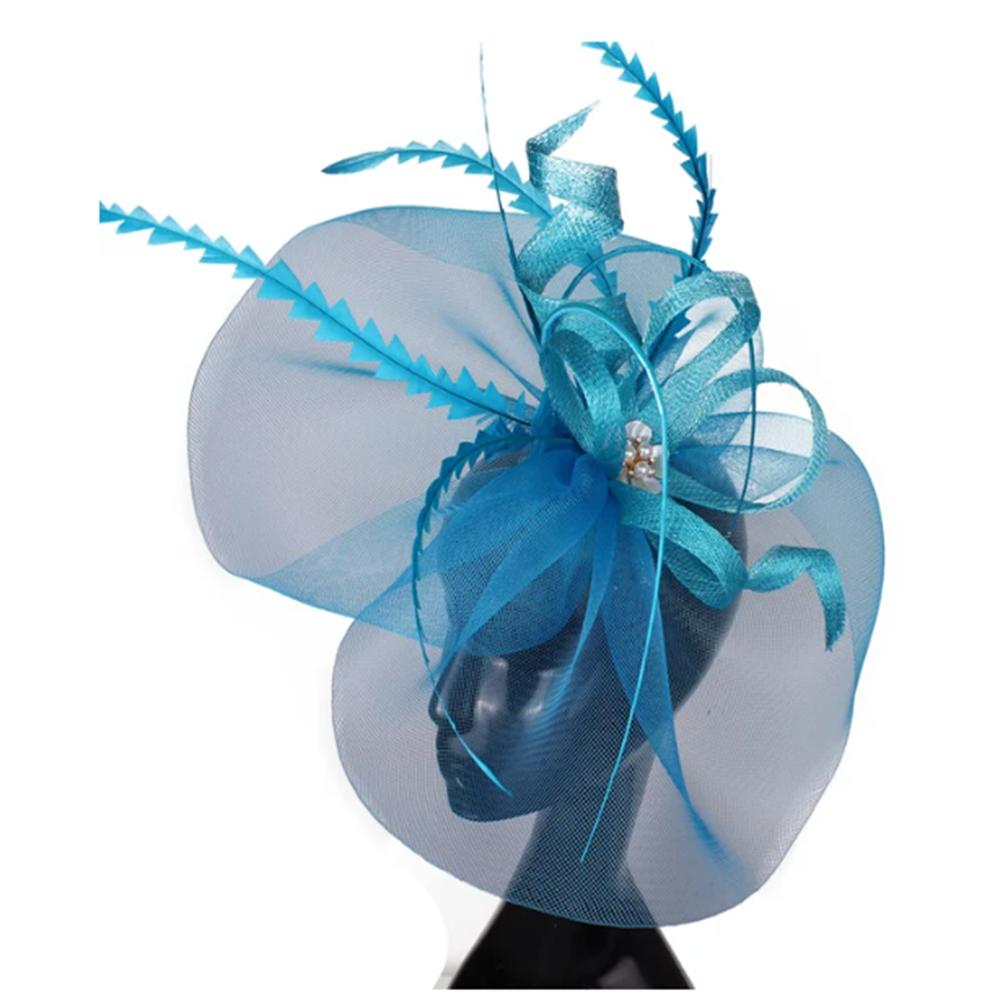 Women Sinamay Fascinators Hair Clip Wedding With Feather Nice Gold Hair Accessories Women Party Hat Wedding Headwear Hair Pins: SKY BLUE
