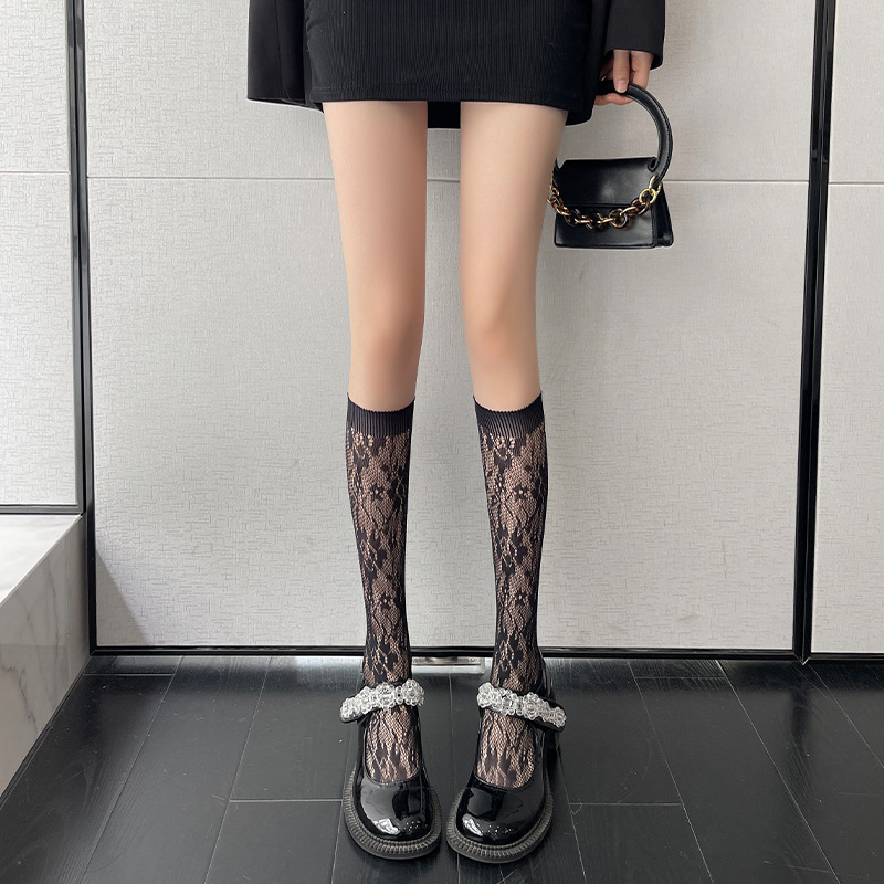 Lace Flower Print Long Socks Lingerie Sexy Mesh Fishnet High Knee Sock Women Summer Thin Transparent Lolita Kawaii Calf Socks: Brown