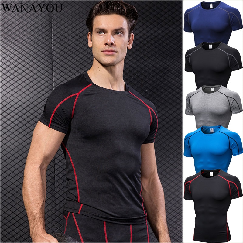Wanayou mænd løbe t-shirts kortærmet,hurtig tørre anti-sved stramme sportstrøjer,elastisk træning øvelse fitness sport top