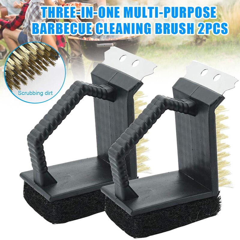Cepillo rascador para parrilla, 2 uds., almohadilla de exfoliación para barbacoa, alambre de latón, cerdas 3 en 1, limpieza de rejillas, limpiadores, utensilios de cocina para Camping, accesorios