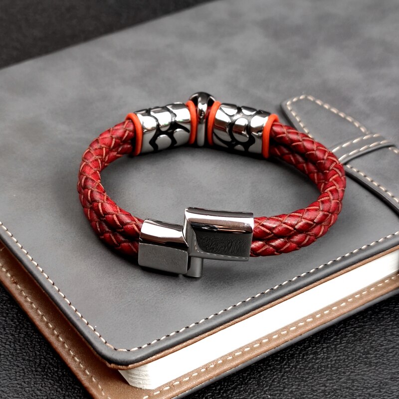 Pop Bohemian Style 316 Stainless Steel Men&#39;s Bracelet Ghost Head Accessories Woven Wine Leather Woman Bracelet 7 Day