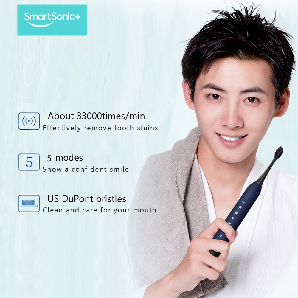 SmartSonic Waterproof Sonic Electric Toothbrush USB Rechargeable Tooth Brush Ultrasonic Toothbrush with 2 Brush Heads