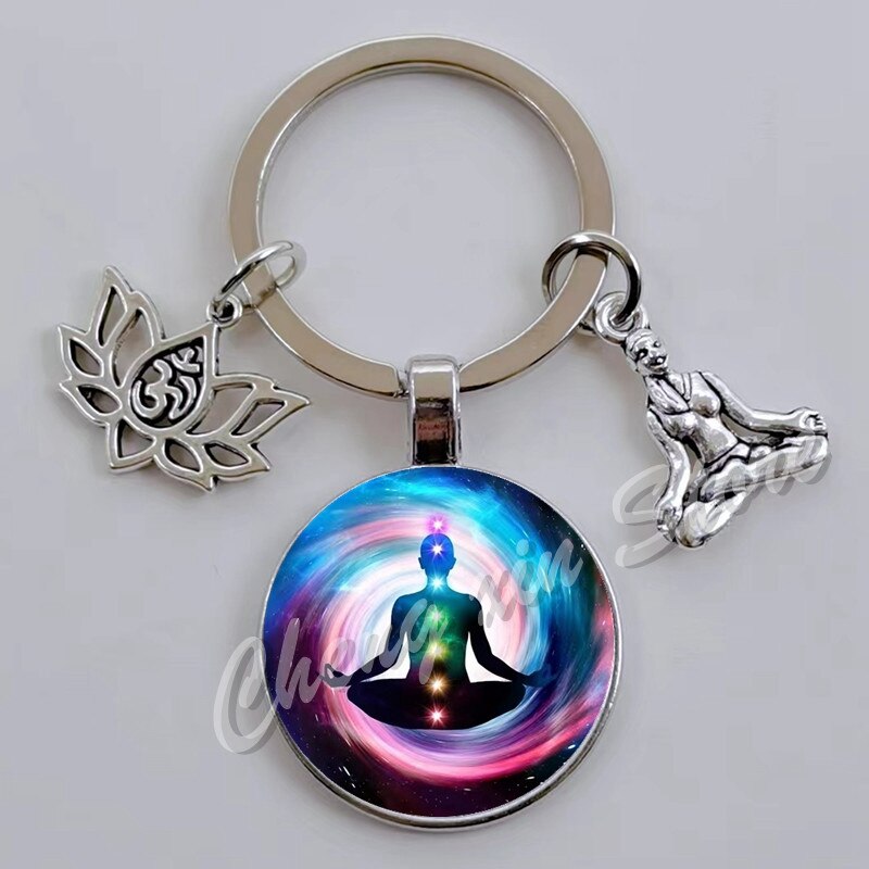 Indian Buddha Meditatie 7 Chakra Mandala Psychedelische Yoga Glas Cabochon Sleutelhanger Ornament
