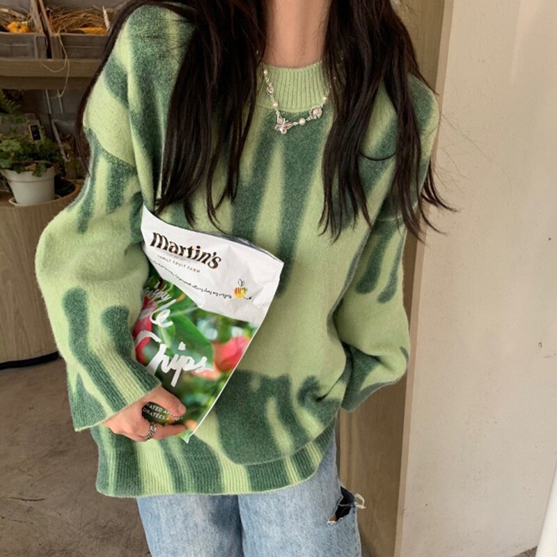 Grønn print strikket genser kvinner vintage grønn stripet genser overdimensjonerte gensere kvinner streetwear løse lange gensere sueter
