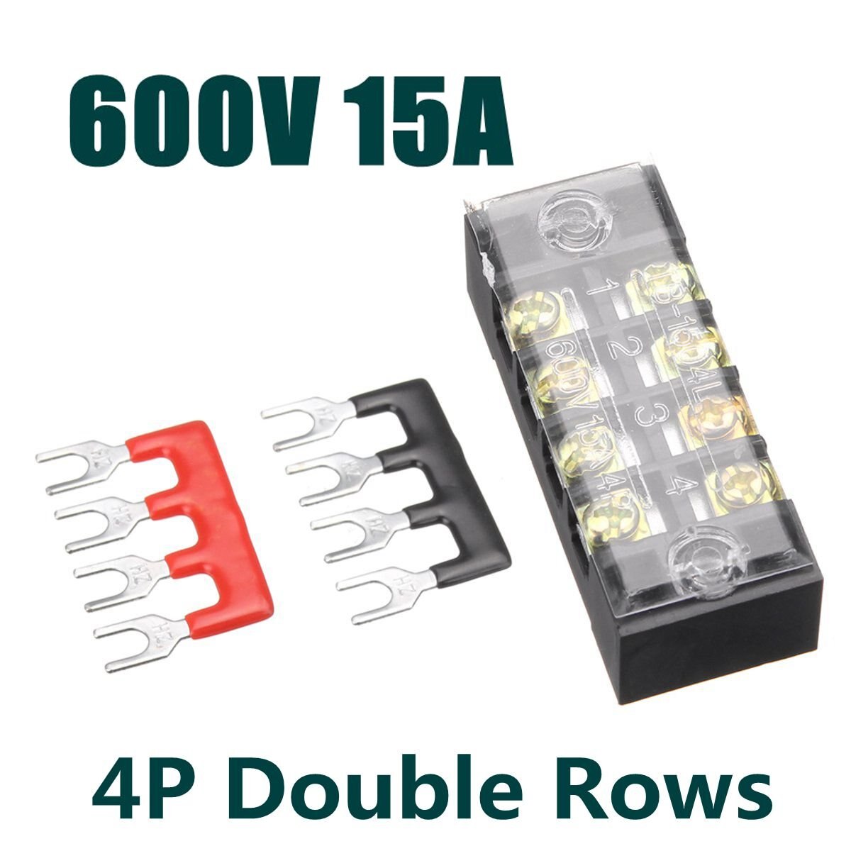600V 15A 4 Position Double Row Wire Barrier Block with 2 Connector Strips 55 x 21 x 17mm Terminal Blocks