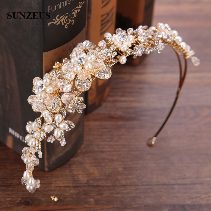 Diadema de novia dorada, corona de flores de cristal para Boda, perlas, Accesorios para novia, Boda SQ0217