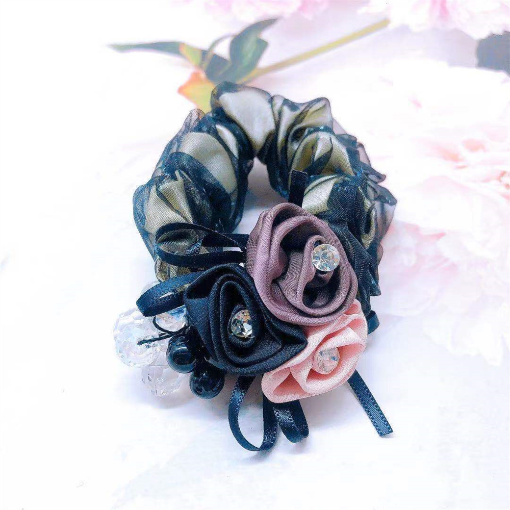coreana, cuerda para el cabello con perlas, banda para el cabello con flores rosas, lazos para el cabello con diamantes de imitación, banda de goma, joyería para el cabello, accesorios para el cabello para mujer: Azul