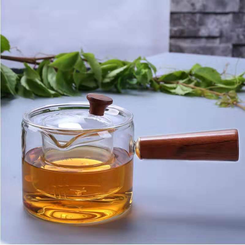 Glass teapot Wooden Handle Thickened Heat-Resistant Glass Kettle Side Handle Flower Teapot Tea Set