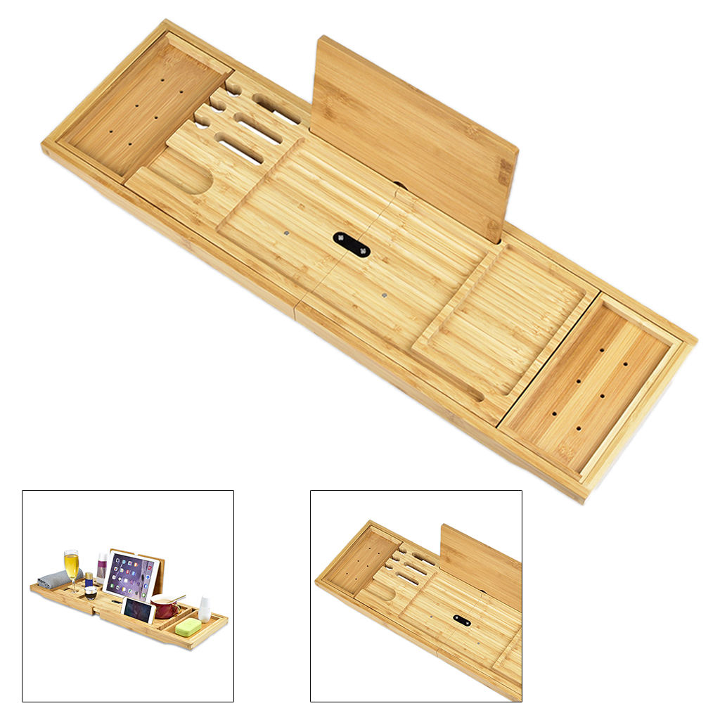 Expandable Wooden Bath Caddy Tray Wooden Tub Tray Wine Glass Holder Wooden Bathtub Bridge Shelf Organizer Tray