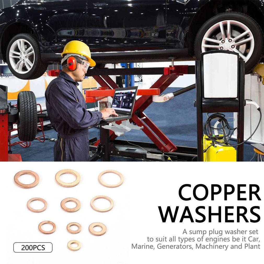 200Pcs Solid Copper Washer M5-M14 Flat Ring Sump Plug Oil Seal Assorted Set Box Electrical Conductivity Thermal Conductivity