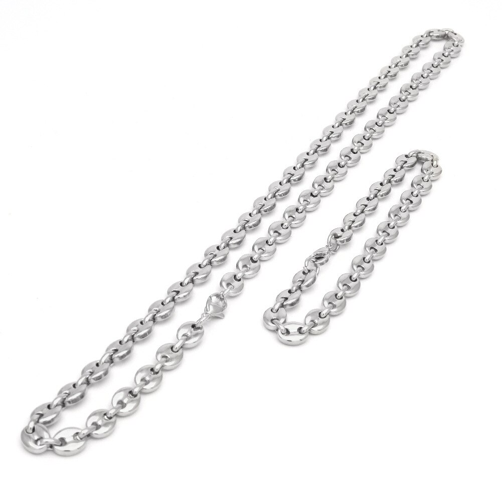 8mm 10mm 13mm koffieboon kettingen voor mannen vrouwen roestvrij staal varkensneus schakelkettingen armbanden choker set valentijnsdag: Zilver gezet / 13mm