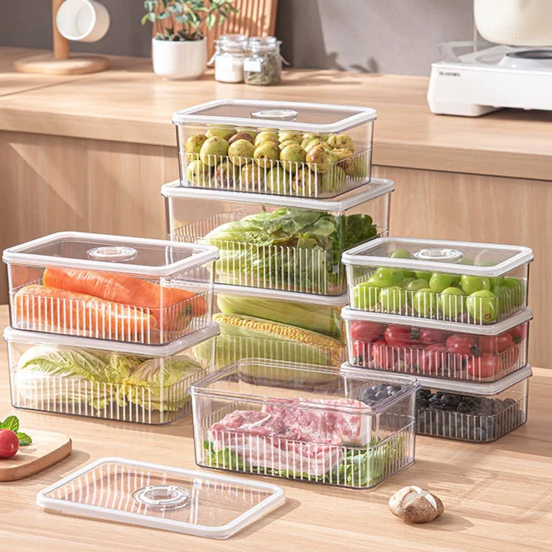 Transparent Refrigerator Food Storage Container Timing Fresh Vegetable Fruit Basket Kitchen Organizer Sealed Box For Freezer
